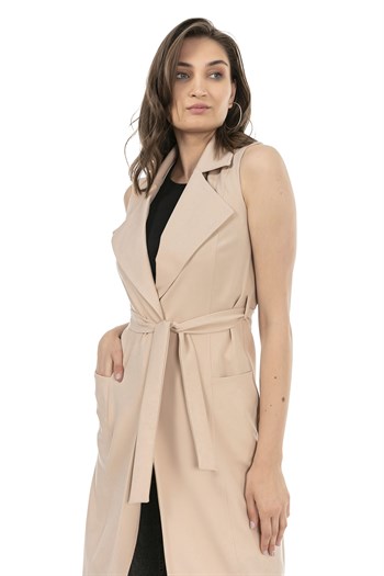 Classic Collar Midi Length Beige Vest with Pockets and Belt