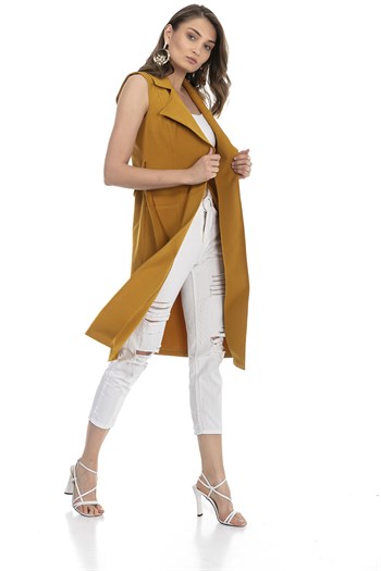 Classic Collar Midi Length Mustard Vest with Pockets and Belt