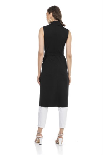 Classic Collar Midi Length Navy Blue Vest with Pockets and Belt