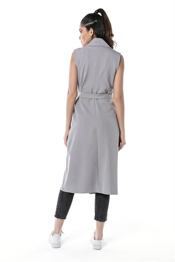 Classic Collar Midi Length Gray Vest with Pockets and Belt