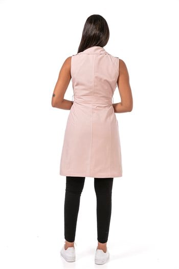 Double Breasted Collar Double Pocket Shoulder Epaulette Belted Lined Light Pink Vest