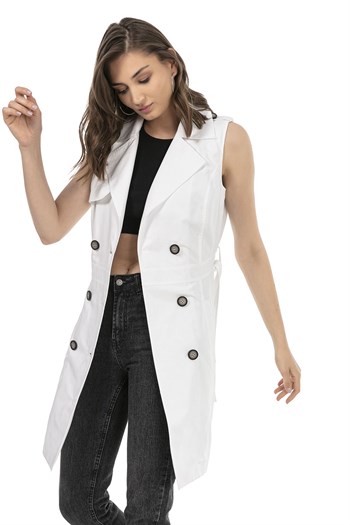 Double Breasted Collar Double Pocket Shoulder Epaulette Belted Lined White Vest