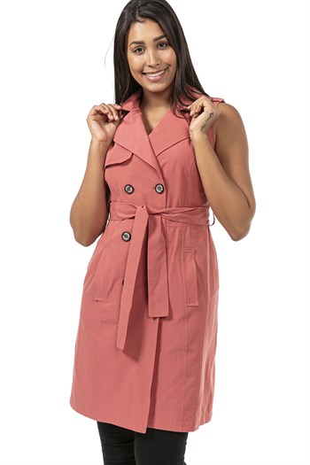 Double Breasted Collar Double Pocket Shoulder Epaulette Belted Lined Pink Vest