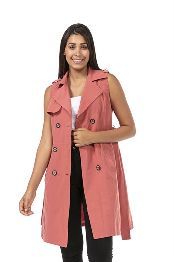 Double Breasted Collar Double Pocket Shoulder Epaulette Belted Lined Pink Vest