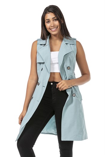 Double Breasted Collar Double Pocket Shoulder Epaulette Belted Lined Mint Vest