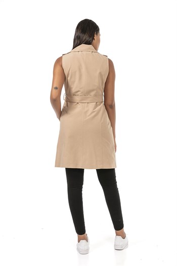 Double Breasted Collar Double Pocket Shoulder Epaulette Belted Lined Beige Vest