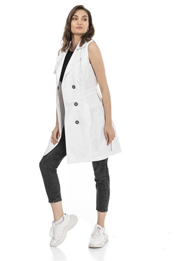 Double Breasted Collar Double Pocket Shoulder Epaulette Belted Lined White Vest