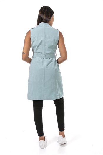 Double Breasted Collar Double Pocket Shoulder Epaulette Belted Lined Mint Vest