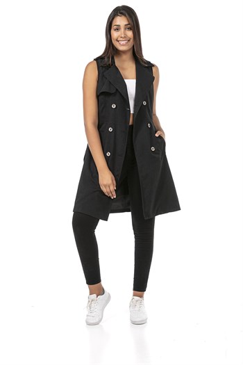 Double Breasted Collar Double Pocket Shoulder Epaulette Belted Lined Black Vest