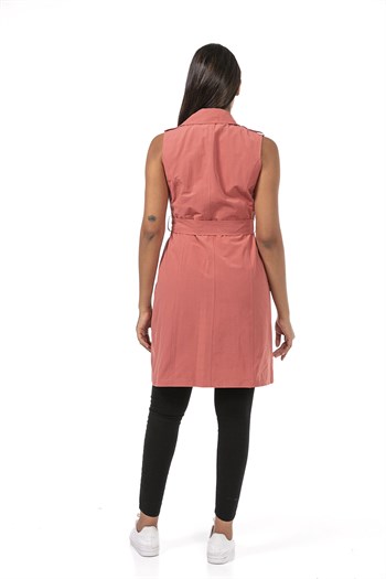 Double Breasted Collar Double Pocket Shoulder Epaulette Belted Lined Pink Vest