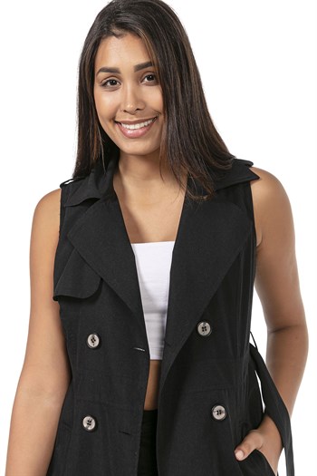 Double Breasted Collar Double Pocket Shoulder Epaulette Belted Lined Black Vest
