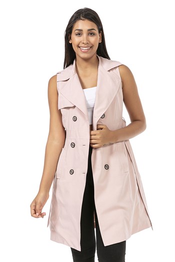 Double Breasted Collar Double Pocket Shoulder Epaulette Belted Lined Light Pink Vest