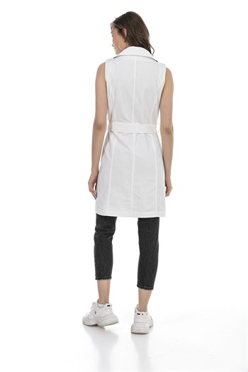 Double Breasted Collar Double Pocket Shoulder Epaulette Belted Lined White Vest