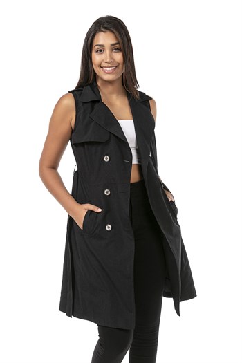 Double Breasted Collar Double Pocket Shoulder Epaulette Belted Lined Black Vest