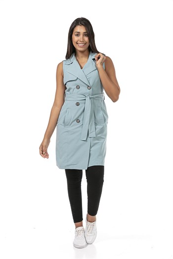 Double Breasted Collar Double Pocket Shoulder Epaulette Belted Lined Mint Vest