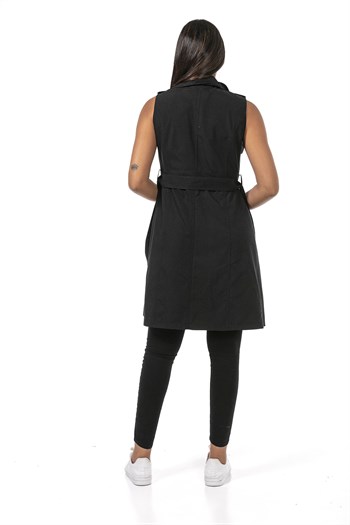 Double Breasted Collar Double Pocket Shoulder Epaulette Belted Lined Black Vest
