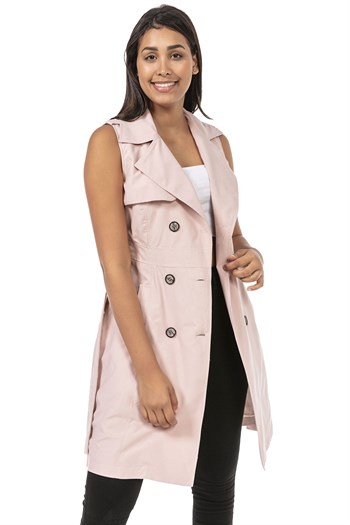 Double Breasted Collar Double Pocket Shoulder Epaulette Belted Lined Light Pink Vest