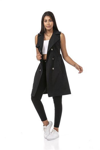 Double Breasted Collar Double Pocket Shoulder Epaulette Belted Lined Black Vest