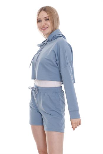 Kapüşonlu Crop Yandan Cepli Mavi Şort Takım