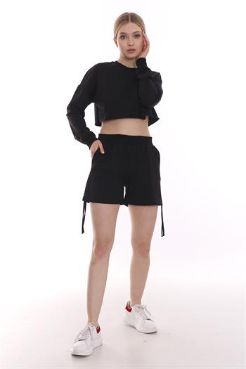 Yanları Bağcık Detaylı Crop Siyah Şort Takım