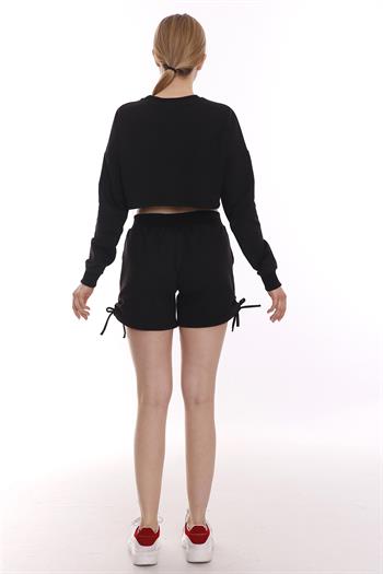 Yanları Bağcık Detaylı Crop Siyah Şort Takım