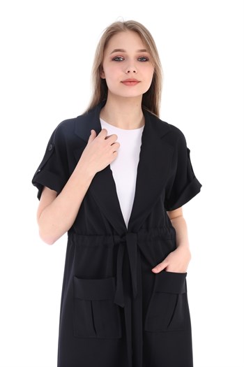 Mono Collar Waist Tunnel Pocket Epaulette Short Sleeve Unlined Black Vest