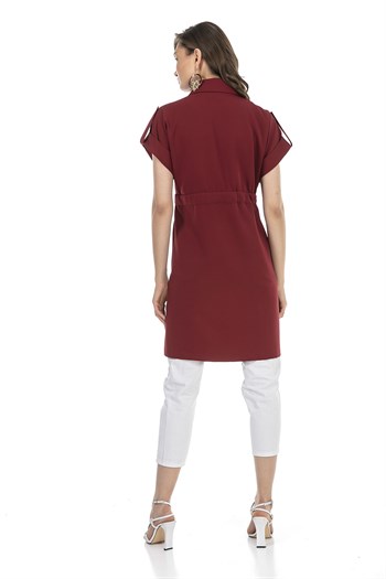 Mono Collar Waist Tunnel Pocket Epaulette Short Sleeve Unlined Burgundy Vest