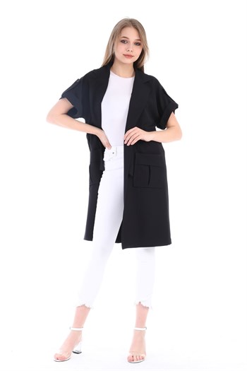 Mono Collar Waist Tunnel Pocket Epaulette Short Sleeve Unlined Black Vest