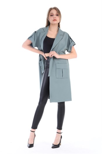 Mono Collar Waist Tunnel Pocket Epaulette Short Sleeve Unlined Mink Vest