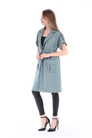 Mono Collar Waist Tunnel Pocket Epaulette Short Sleeve Unlined Mink Vest