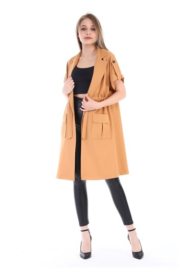 Mono Collar Waist Tunnel Pocket Epaulette Short Sleeve Unlined Beige Vest