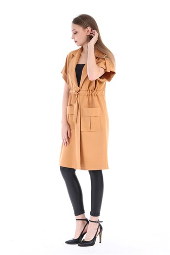 Mono Collar Waist Tunnel Pocket Epaulette Short Sleeve Unlined Beige Vest