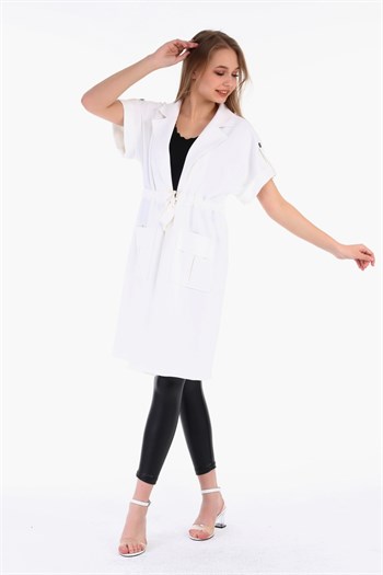 Mono Collar Waist Tunnel Pocket Epaulette Short Sleeve Unlined White Vest