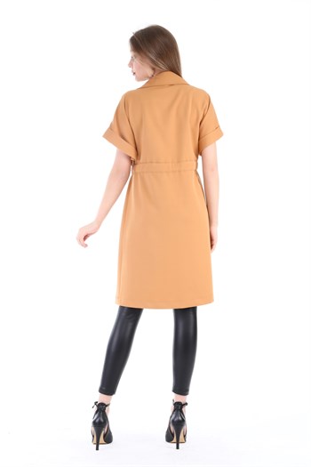 Mono Collar Waist Tunnel Pocket Epaulette Short Sleeve Unlined Beige Vest