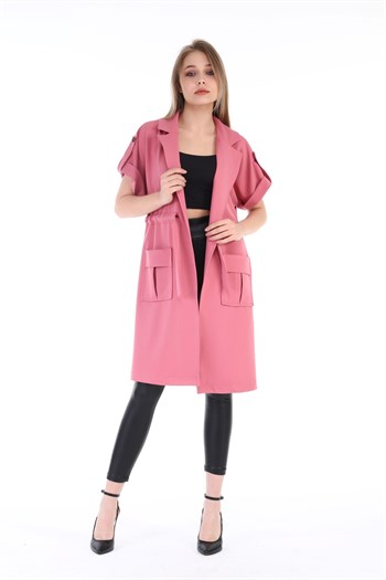 Mono Collar Waist Tunnel Pocket Epaulette Short Sleeve Unlined Pink Vest