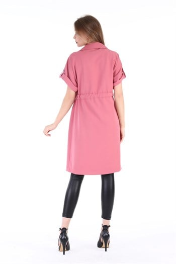 Mono Collar Waist Tunnel Pocket Epaulette Short Sleeve Unlined Pink Vest