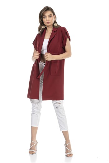 Mono Collar Waist Tunnel Pocket Epaulette Short Sleeve Unlined Burgundy Vest