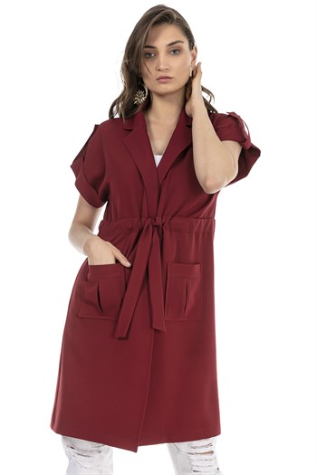 Mono Collar Waist Tunnel Pocket Epaulette Short Sleeve Unlined Burgundy Vest