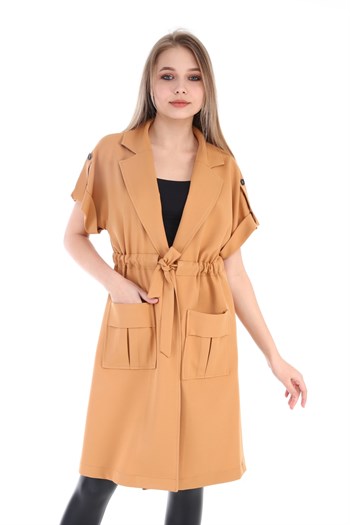 Mono Collar Waist Tunnel Pocket Epaulette Short Sleeve Unlined Beige Vest