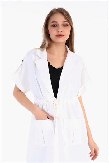 Mono Collar Waist Tunnel Pocket Epaulette Short Sleeve Unlined White Vest