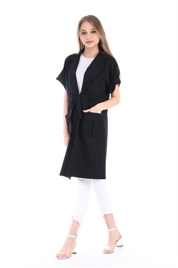 Mono Collar Waist Tunnel Pocket Epaulette Short Sleeve Unlined Black Vest