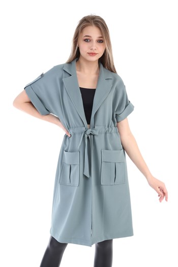 Mono Collar Waist Tunnel Pocket Epaulette Short Sleeve Unlined Mink Vest