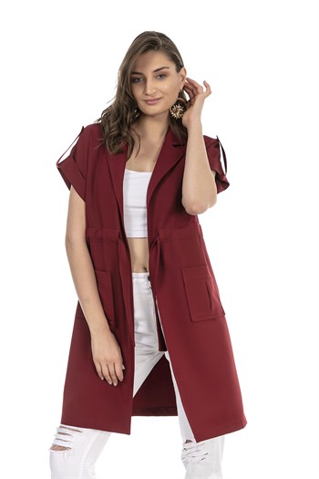 Mono Collar Waist Tunnel Pocket Epaulette Short Sleeve Unlined Burgundy Vest