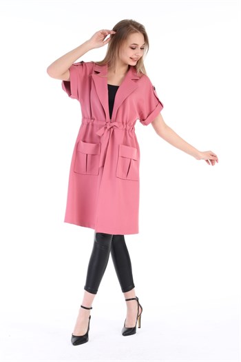 Mono Collar Waist Tunnel Pocket Epaulette Short Sleeve Unlined Pink Vest