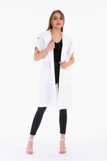 Mono Collar Waist Tunnel Pocket Epaulette Short Sleeve Unlined White Vest