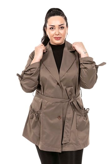 Plus Size Mono Collar Folded Sleeves Pockets Ruffle Detailed Khaki Trench Coat