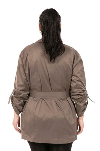 Plus Size Mono Collar Folded Sleeves Pockets Ruffle Detailed Khaki Trench Coat