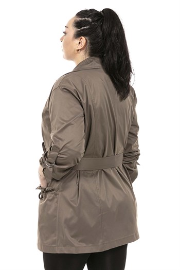 Plus Size Mono Collar Folded Sleeves Pockets Ruffle Detailed Khaki Trench Coat