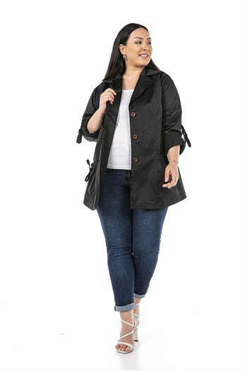 Büyük Beden Mono Yaka Katlamalı Kollu Cepleri Büzgü Detaylı Siyah Trençkot