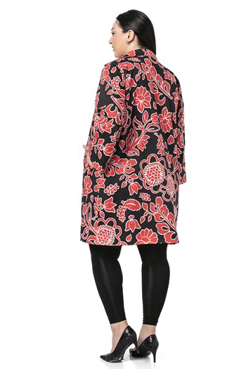 Mono Yaka Kol Boyu Bilek Hizasında Fleto Cepli Astarlı Kırmızı Çiçek Desenli Kadın Ceket